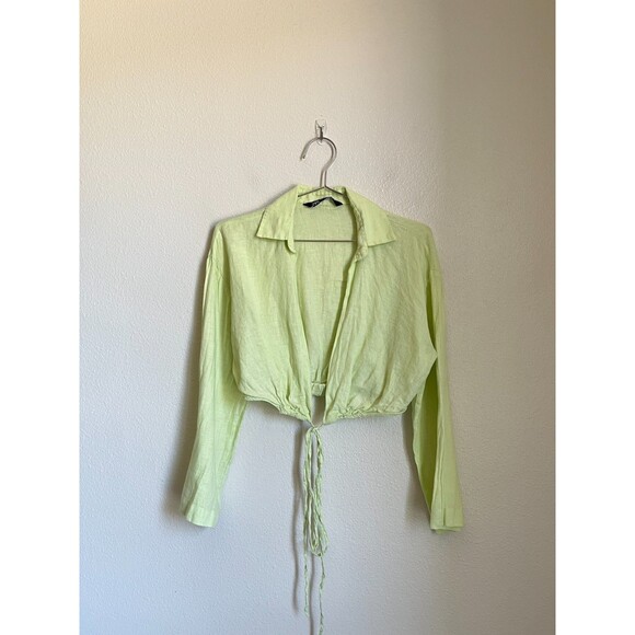 Zara Women's Linen Crop Shirt in Pale Lime Green Size XS - Picture 1 of 5
